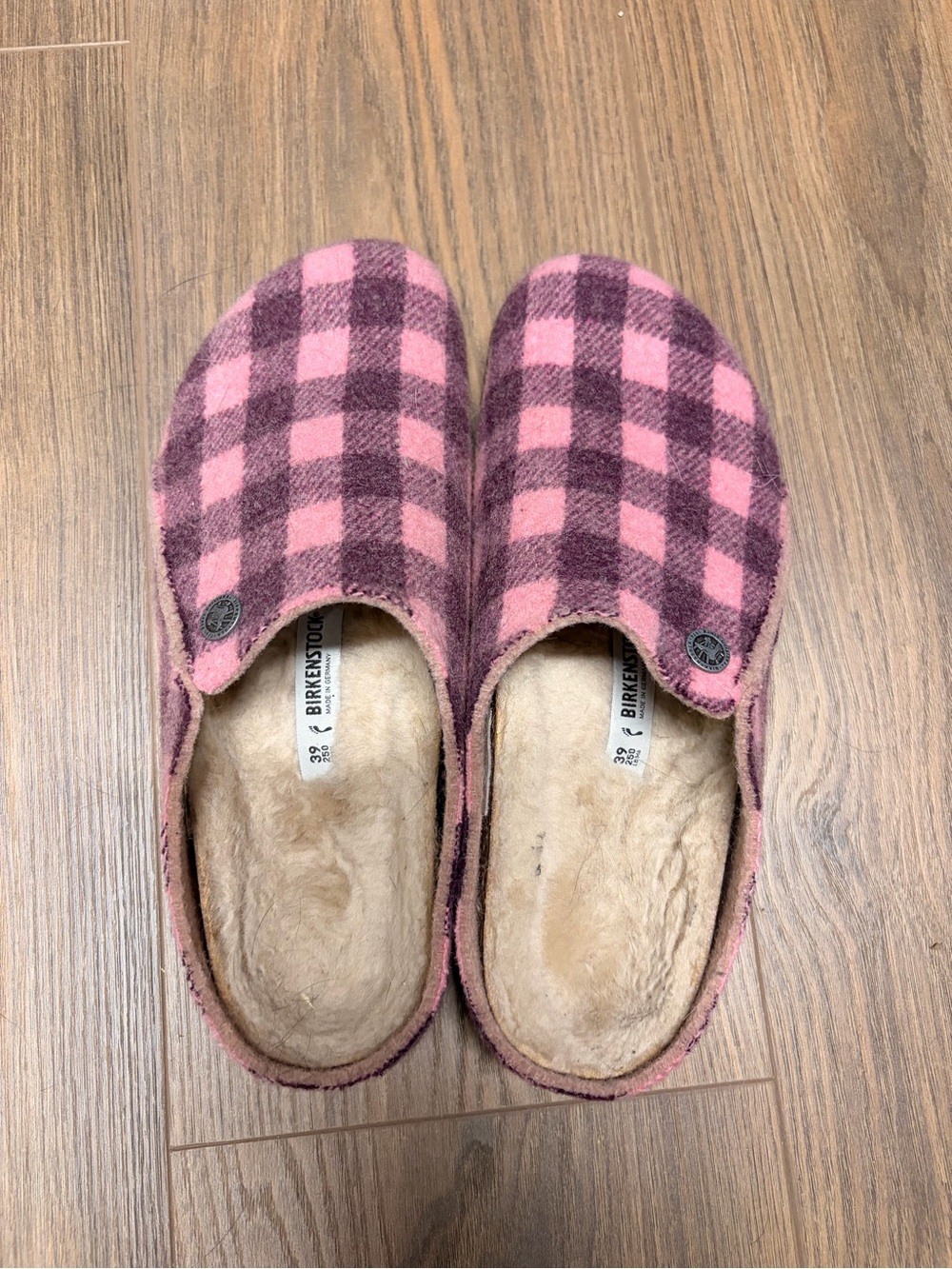 Birkenstock Pink and Plum Plaid Wool Clogs with Shearling Lining